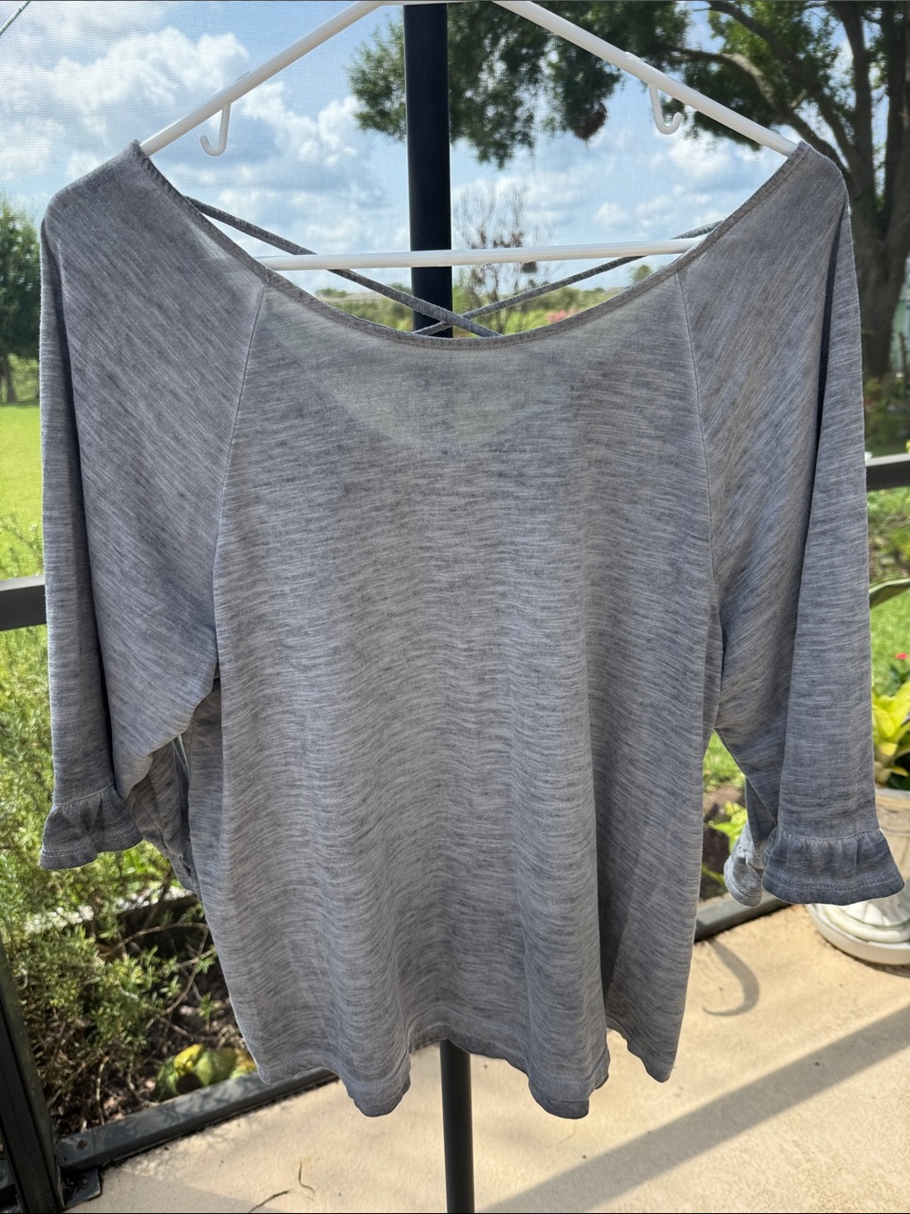 a.n.a Heathered Light Gray ruffle Short Sleeve Top with Crisscross Back